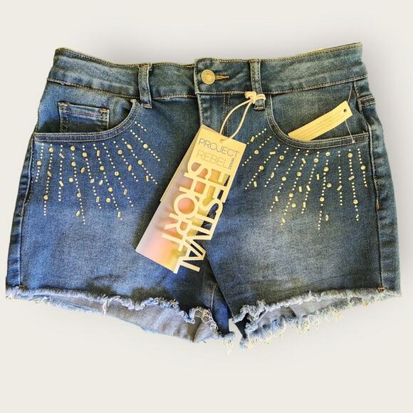 Project Rebel Denim Juniors Stretch Festival Raw Hem Rhinestoned Shorts Sz 7 - Picture 1 of 7
